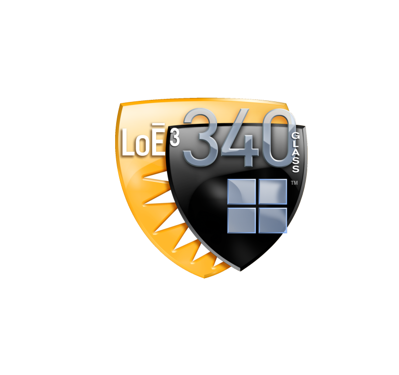 LoĒ³-340+ Glass logo with sun and window symbols.